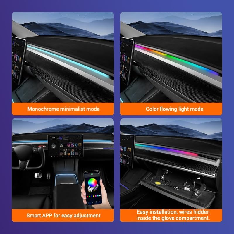 Rye LED Car Ambient Lighting Strip for Tesla High Brightness with APP Control Multiple Colors and Car LED Strip Lighting Neon Lights for Model 3/Y (Dashboard& Center Console& 4 Floor Light) - Image 3